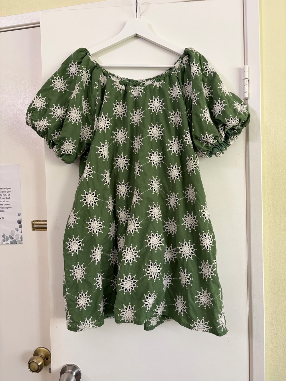 THE KORNER Olive Green Eyelet Puff Sleeve Cottagecore Mini Dress Size S